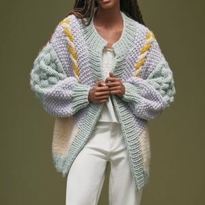 NWOT Vicky Knits Pastel Patchwork Cardigan Handknit Chunky Wool Blend One Size